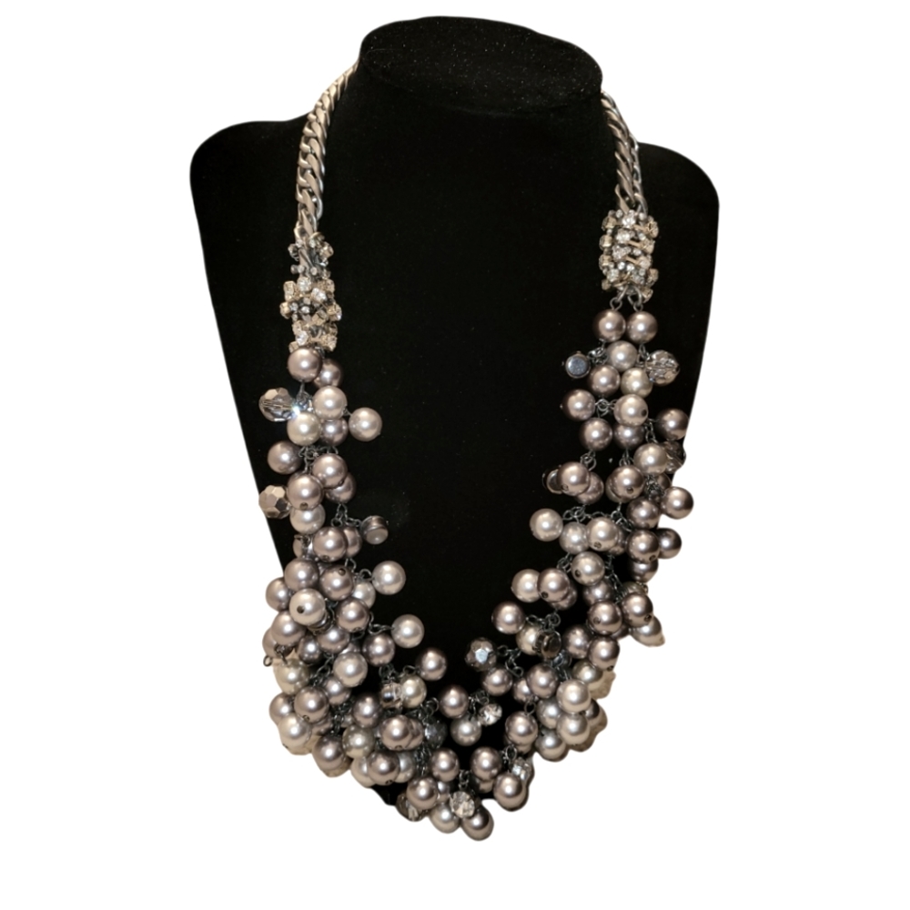 Vintage Grey Pearl and Diamond Chain Statement Necklace